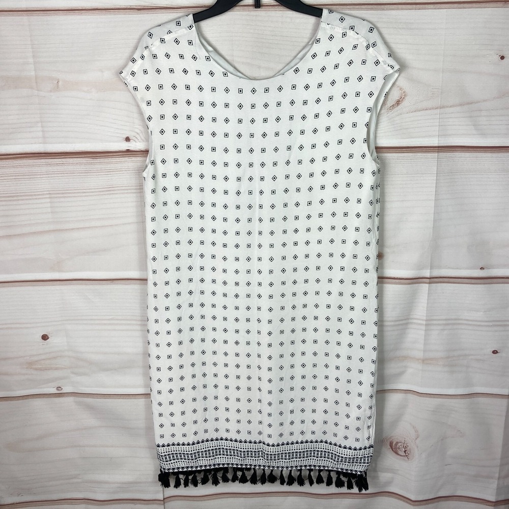 Madewell Dress Womens S White Black Geometric Shift Tassel Trim Short‎ Sleeve